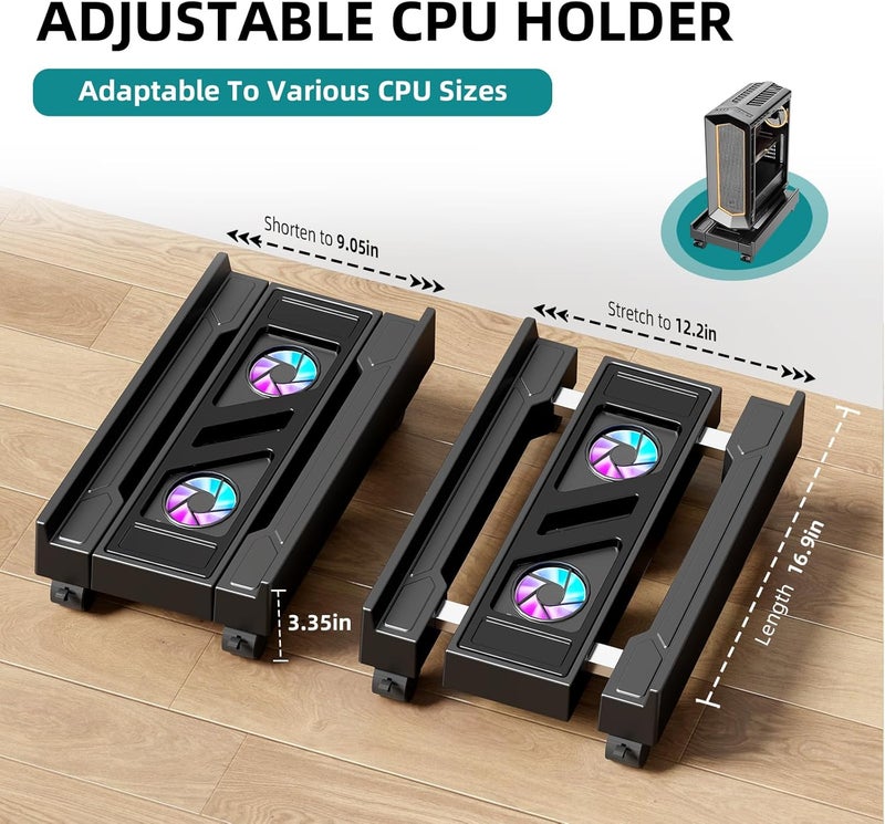 CABTE Adjustable Computer Tower Stand with Cooling Fan, Mobile CPU Holder with 4 Rolling Casters, Under Desk CPU Bracket PC Floor Cart PC Riser for Office, Home and Classroom. (Fan Version) - Image 2